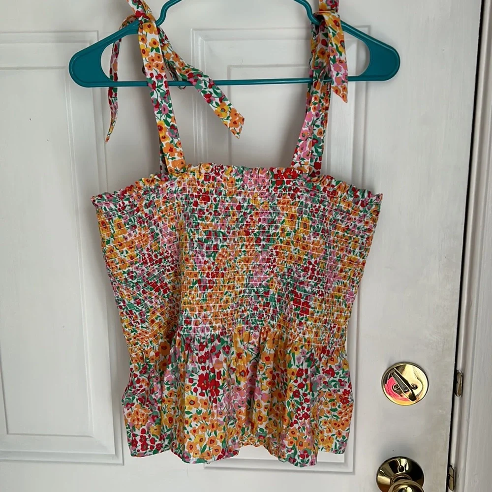 JCrew Factory Smocked Tie Shoulder Floral Tank Top - Picture 4 of 6
